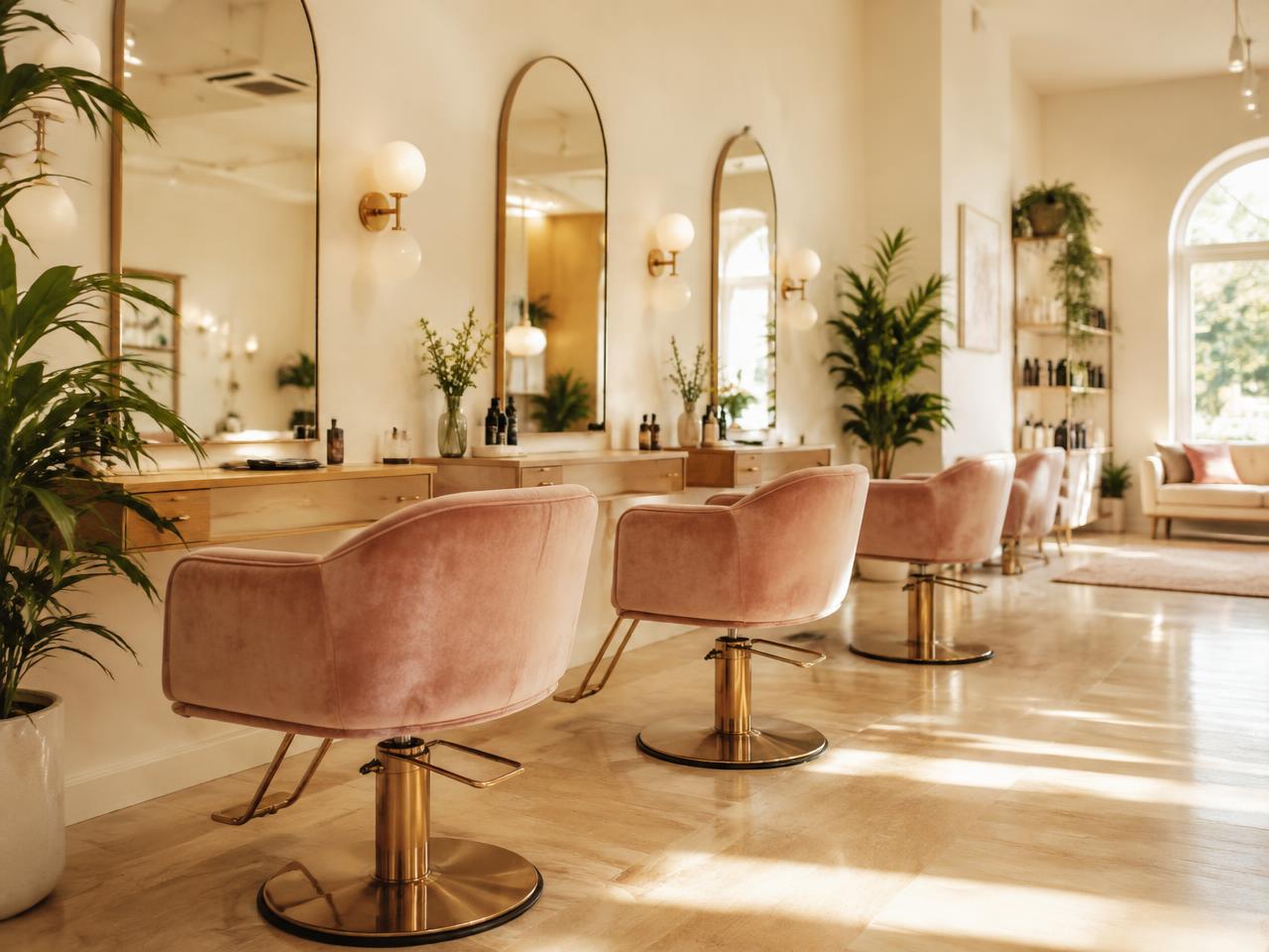 Intérieur lumineux du salon avec fauteuils rose poudré